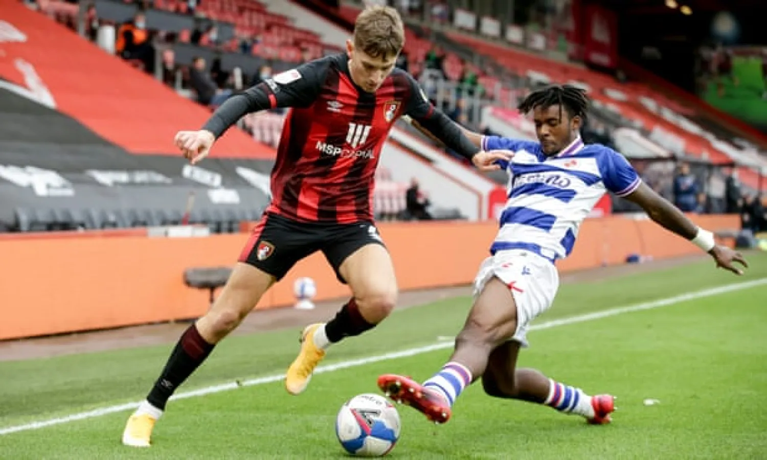 Reading’s Omar richards (right) has won plaudits this season for his performances at left-back for the Championship club. Photograph: Robin Jones/Bournemouth/Getty Images
