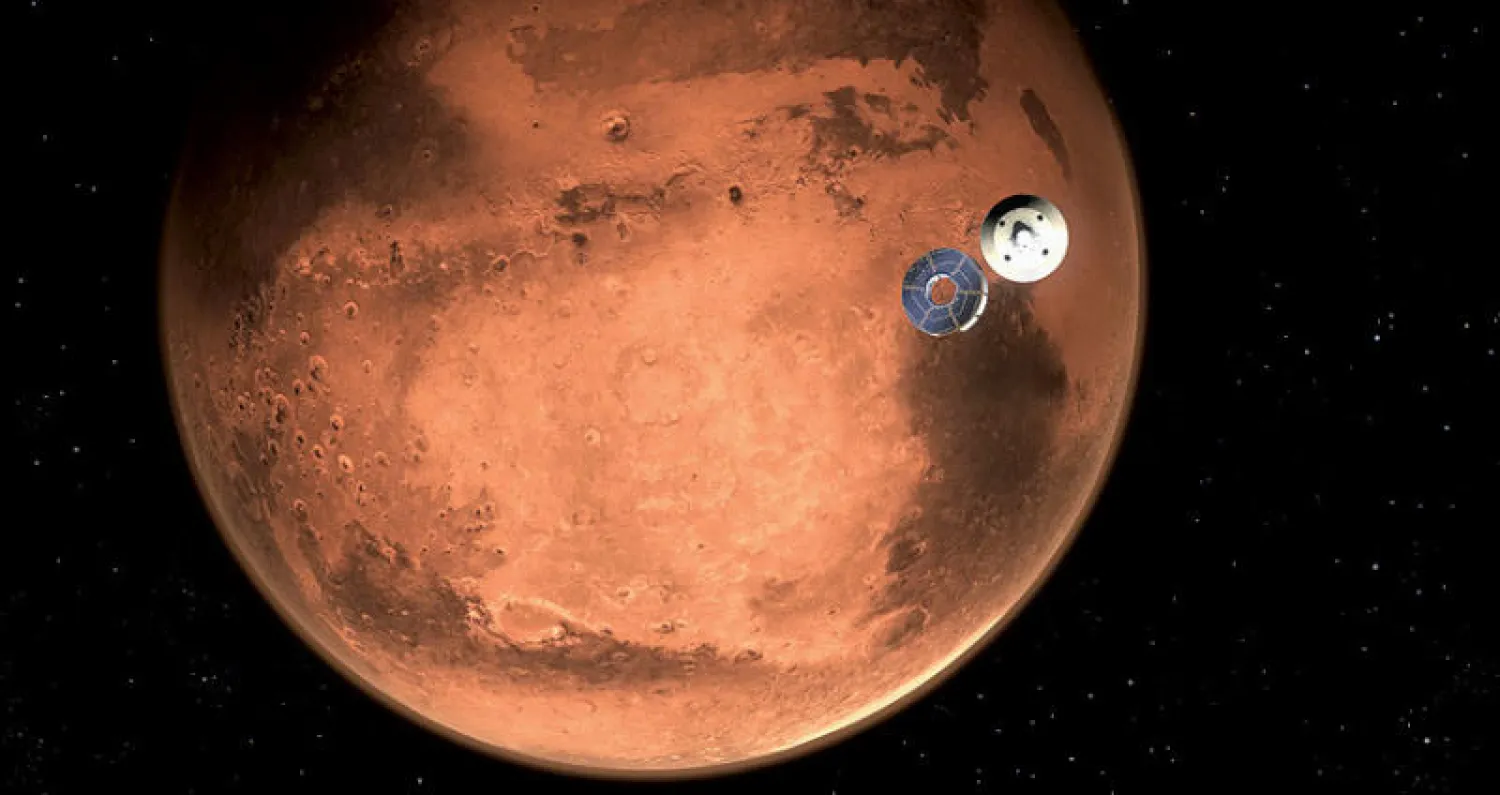 رسم تخيَلي لعربة «برزيفيرانس» عند انفصالها عن السفينة قبل دخولها الغلاف الجوي لكوكب المريخ