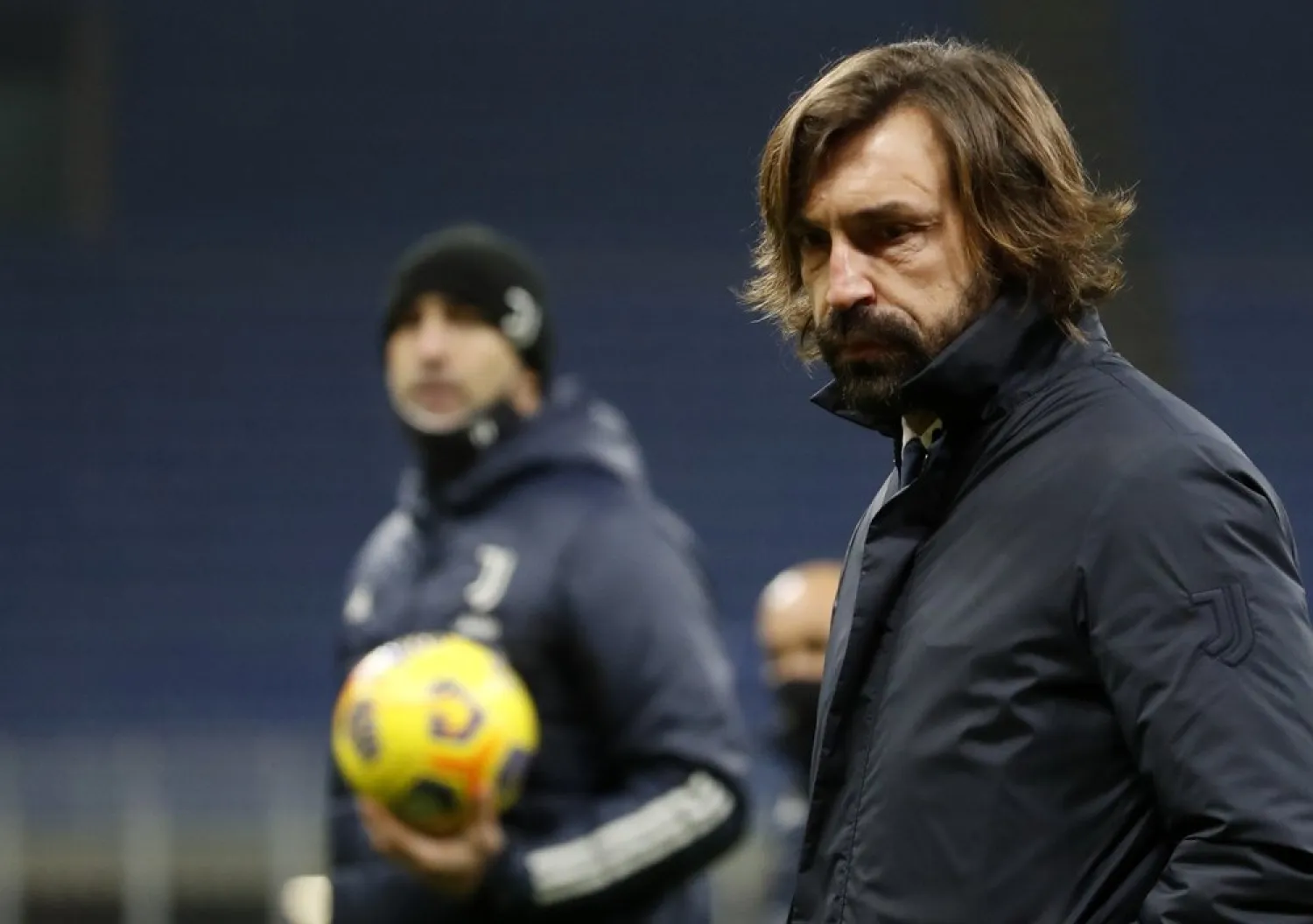 Juventus' head coach Andrea Pirlo looks on during warm up before the Serie A match between AC Milan and Juventus at the San Siro stadium, in Milan, Italy, Jan. 6, 2021. (AP)