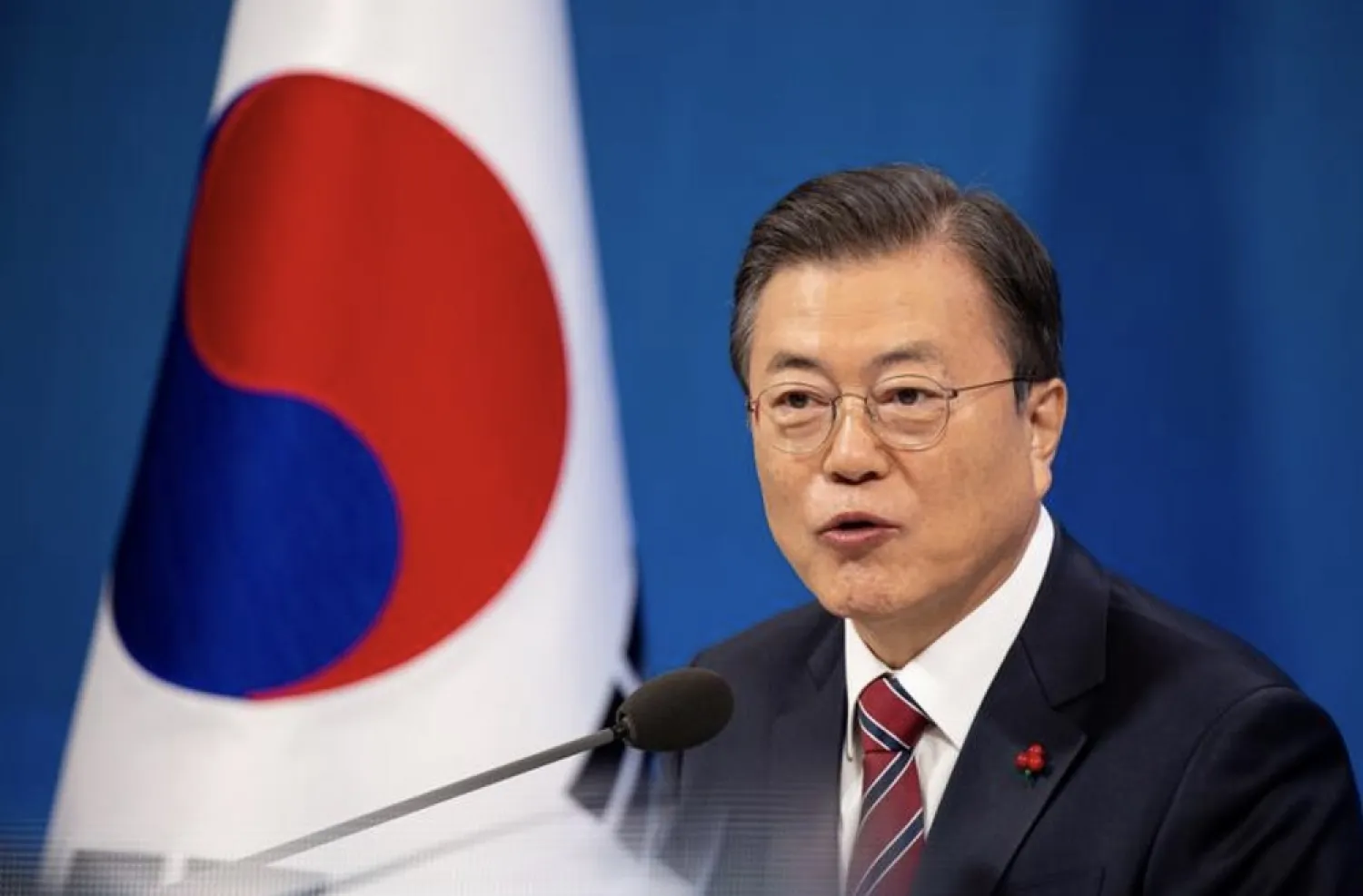 South Korean President Moon Jae-in speaks during an online New Year news conference with local and foreign journalists at the Presidential Blue House in Seoul, South Korea, January 18, 2021. (Reuters)