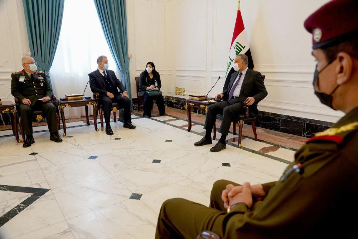Iraqi Prime Minister Kadhimi receives Turkey's defense minister in Baghdad. (Iraqi PM's office via Twitter)