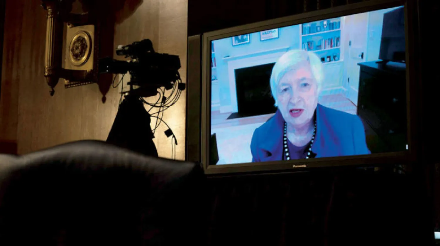 جانيت يلين المرشحة لمنصب وزير الخزانة الأميركية خلال جلسة استماع أمام الكونغرس مساء الثلاثاء (أ.ف.ب)