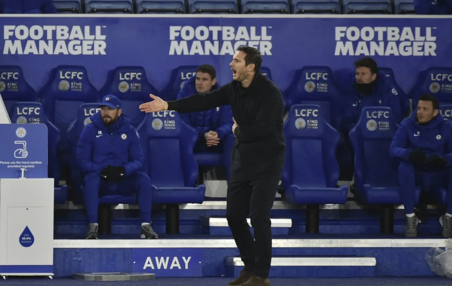 Chelsea coach Frank Lampard reacts during the Premier League match between Leicester City and Chelsea at the King Power Stadium in Leicester, England, Jan. 19, 2021. (AP)
