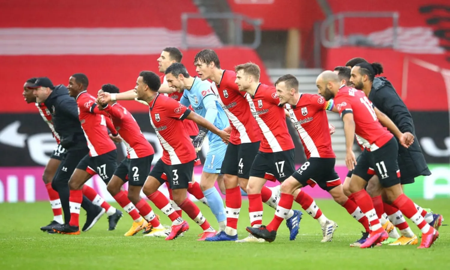 Ralph Hasenhüttl (second left) and his players celebrate last month’s victory over Sheffield United. Photograph: Michael Steele/PA