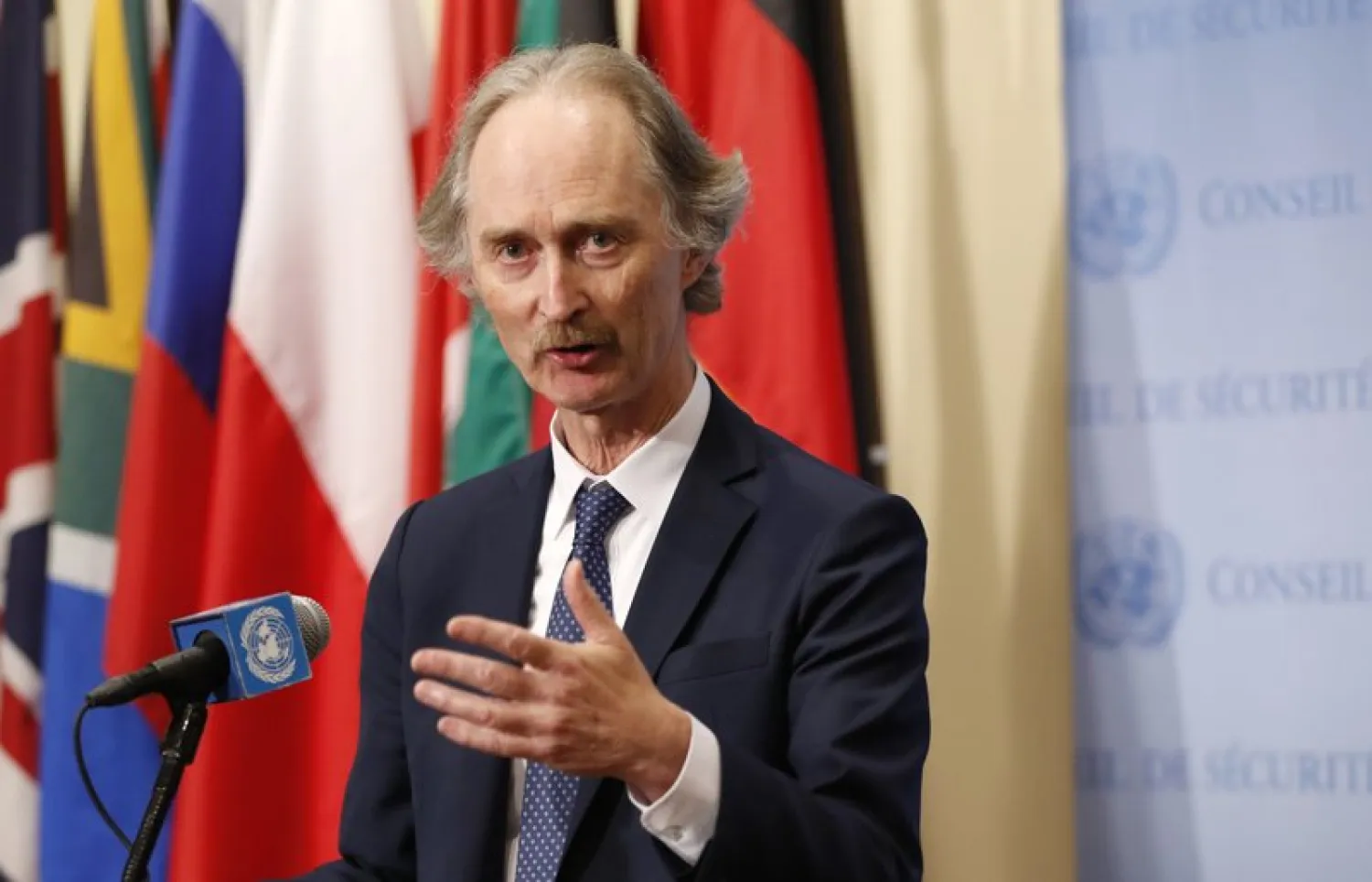 FILE - In this April 30, 2019 file photo, UN Special Envoy for Syria Geir Pedersen speaks to journalists following a UN Security Council meeting on Syria at UN headquarter. (AP Photo/Kathy Willens, File)

