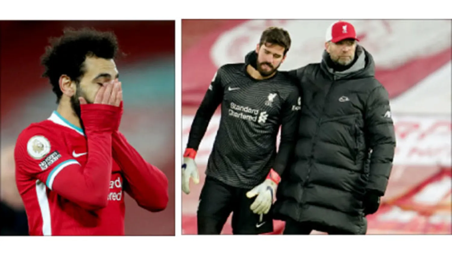 من يواسي من...  الحارس أليسون أم مدربه كلوب؟ (رويترز) - صلاح بعد الهزيمة (إ.ب.أ)