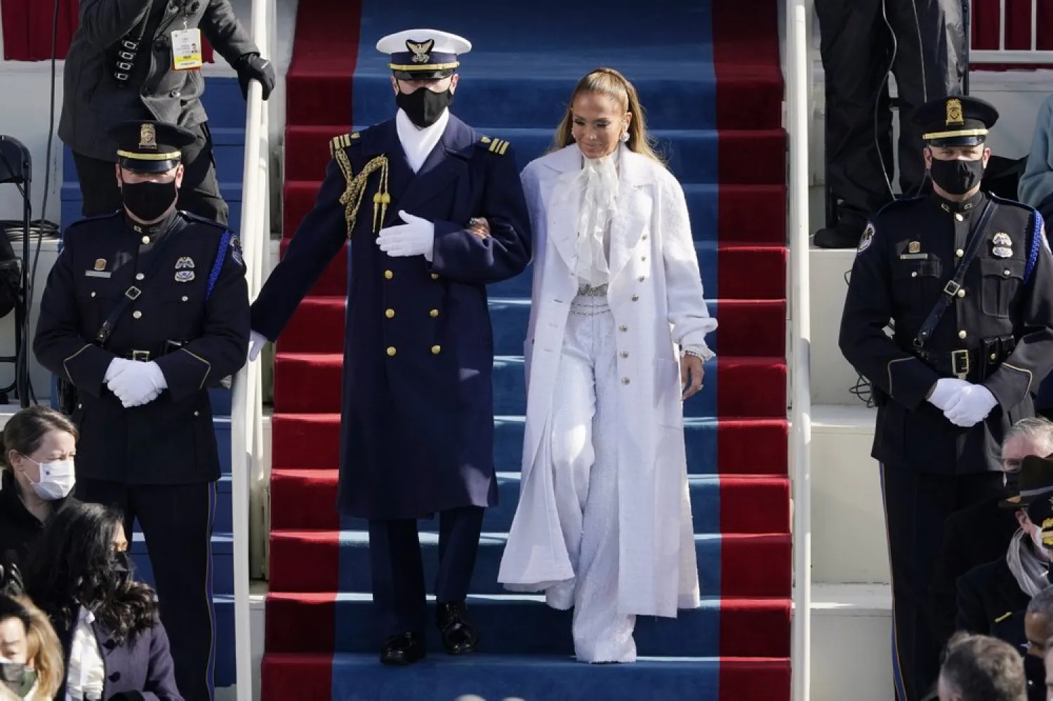 Jennifer Lopez arrives to sing during the 59th Presidential Inauguration at the US Capitol in Washington, Wednesday, Jan. 20, 2021. (AP)