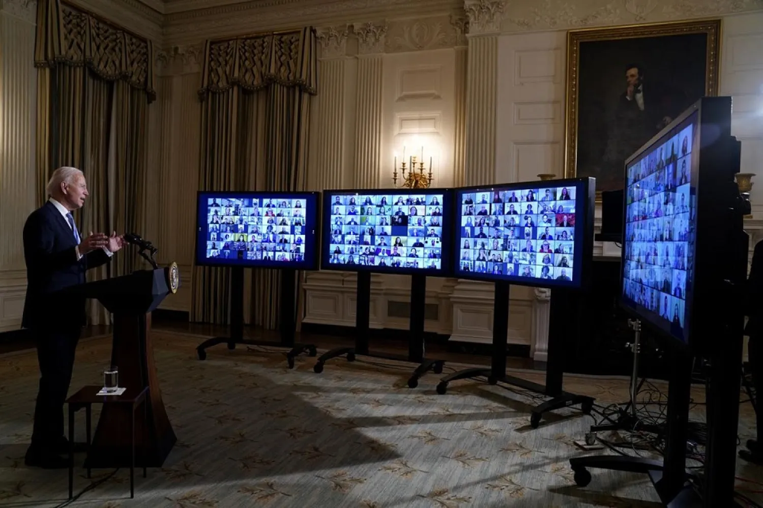 President Joe Biden speaks during a virtual swearing in ceremony of political appointees from the State Dining Room of the White House on Wednesday, Jan. 20, 2021, in Washington. (AP)