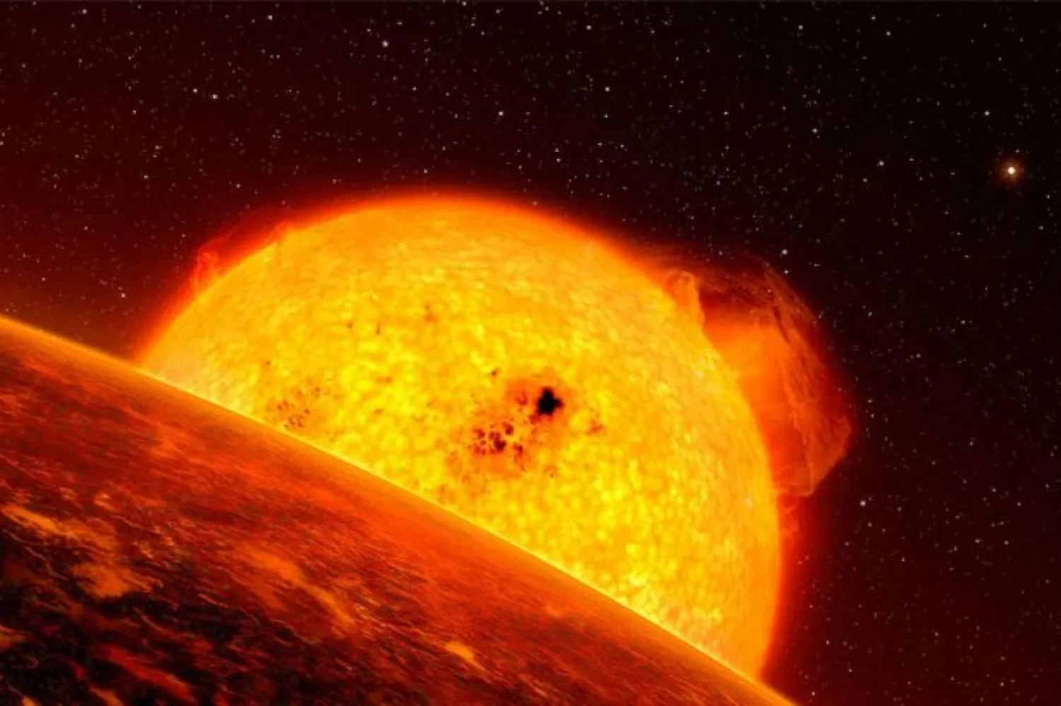 Görselde yörüngedesinki bir gezegeni kavuran kırmızı dev yıldız resmediliyor (Avrupa Güney Gözlemevi)