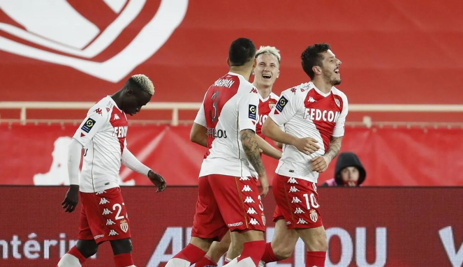 Stevan Jovetic celebrates with his teammates after scoring AS Monaco's third goal. (Reuters)