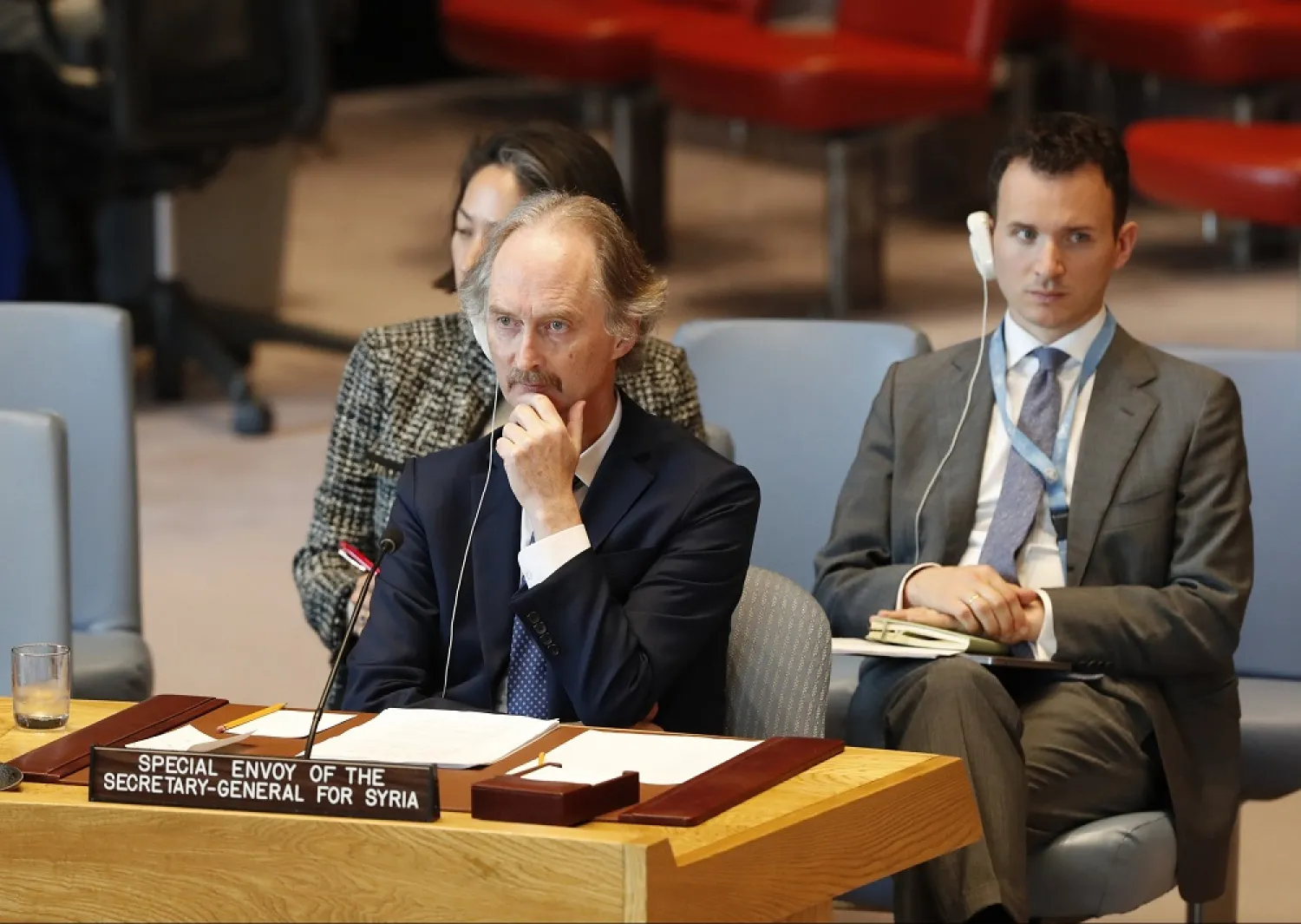 United Nations Special Envoy for Syria Geir Pedersen (C) listens to speakers during a UN Security Council meeting on Syria at the United Nations headquarters in New York City, US, April 30, 2019. (AP)