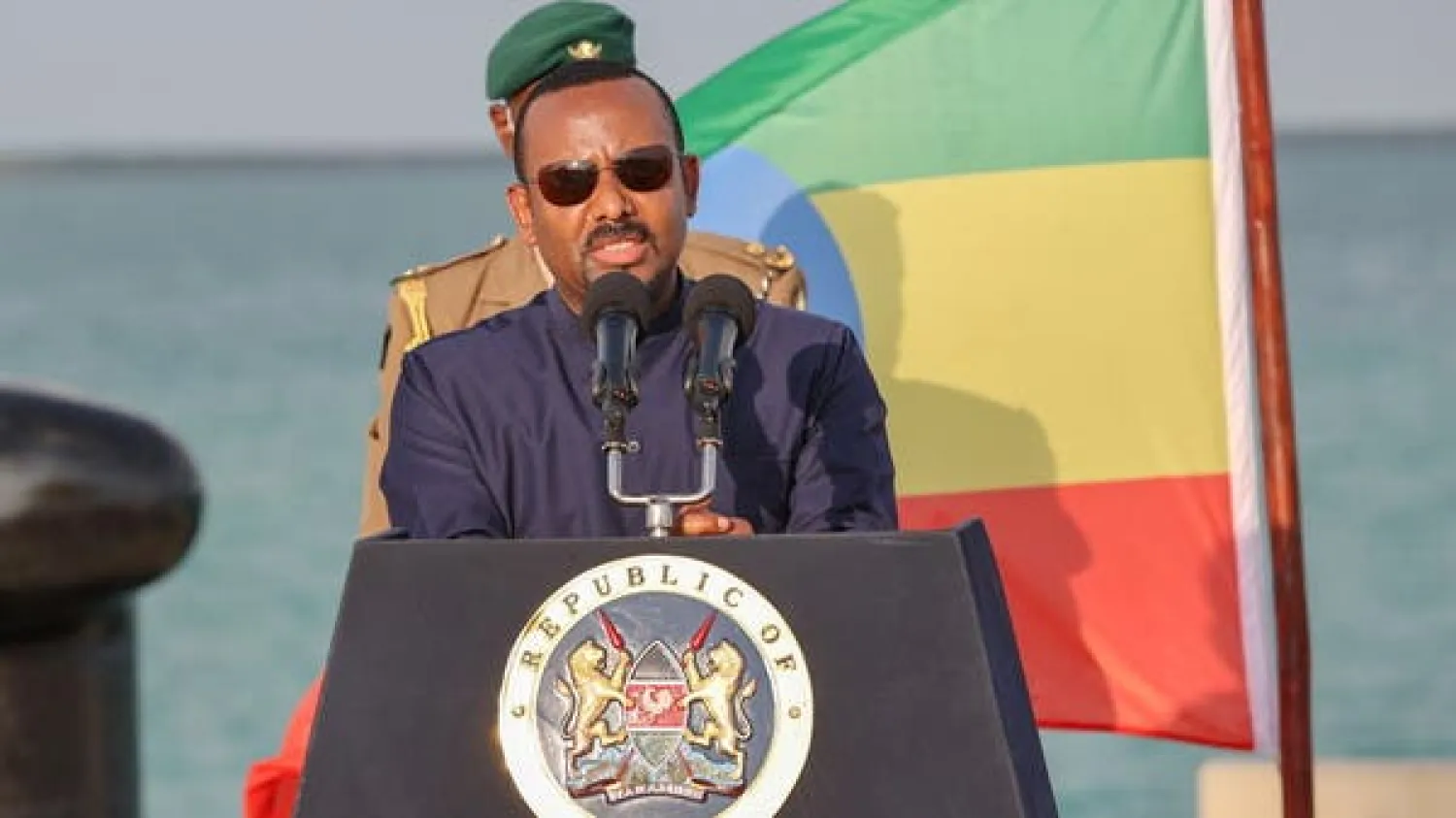 Ethiopian PM Abiy Ahmed address the media after inspecting ongoing developments at the new 32-berth Lamu Port in Lamu County, Kenya December 9, 2020. (Presidential Press Service/Handout via Reuters)
