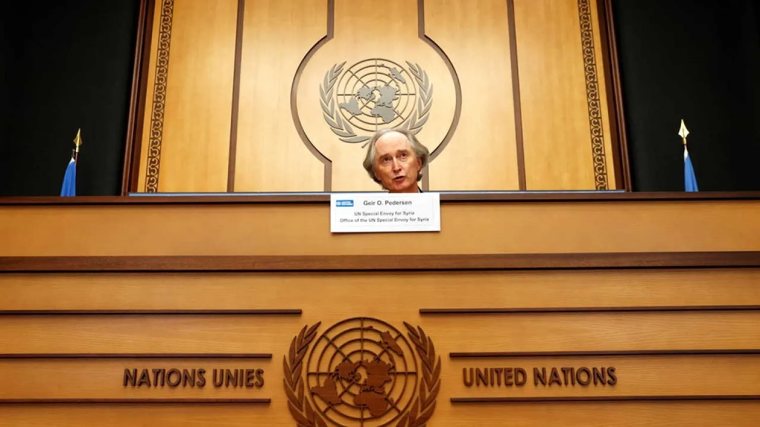 UN Special Envoy for Syria Geir Pedersen attends a news conference ahead of a meeting of the Syrian Constitutional Committee at the UN in Geneva, Switzerland November 29, 2020. (Reuters)