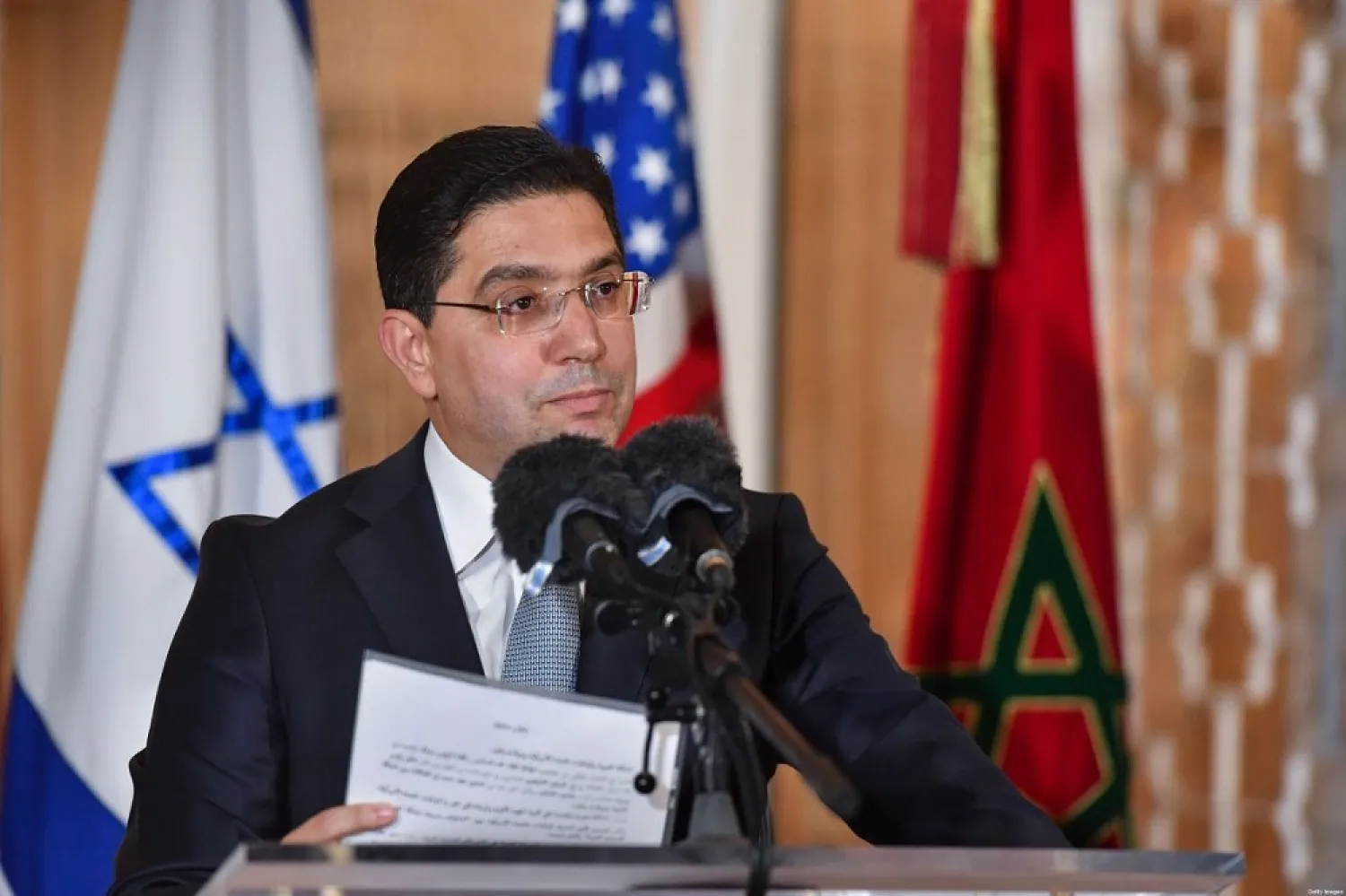 Morocco's FM Nasser Bourita speaks upon the arrival of the US Presidential advisor and Israeli National Security Advisor at the Royal Palace in Rabat on December 22, 2020. (Getty Images)