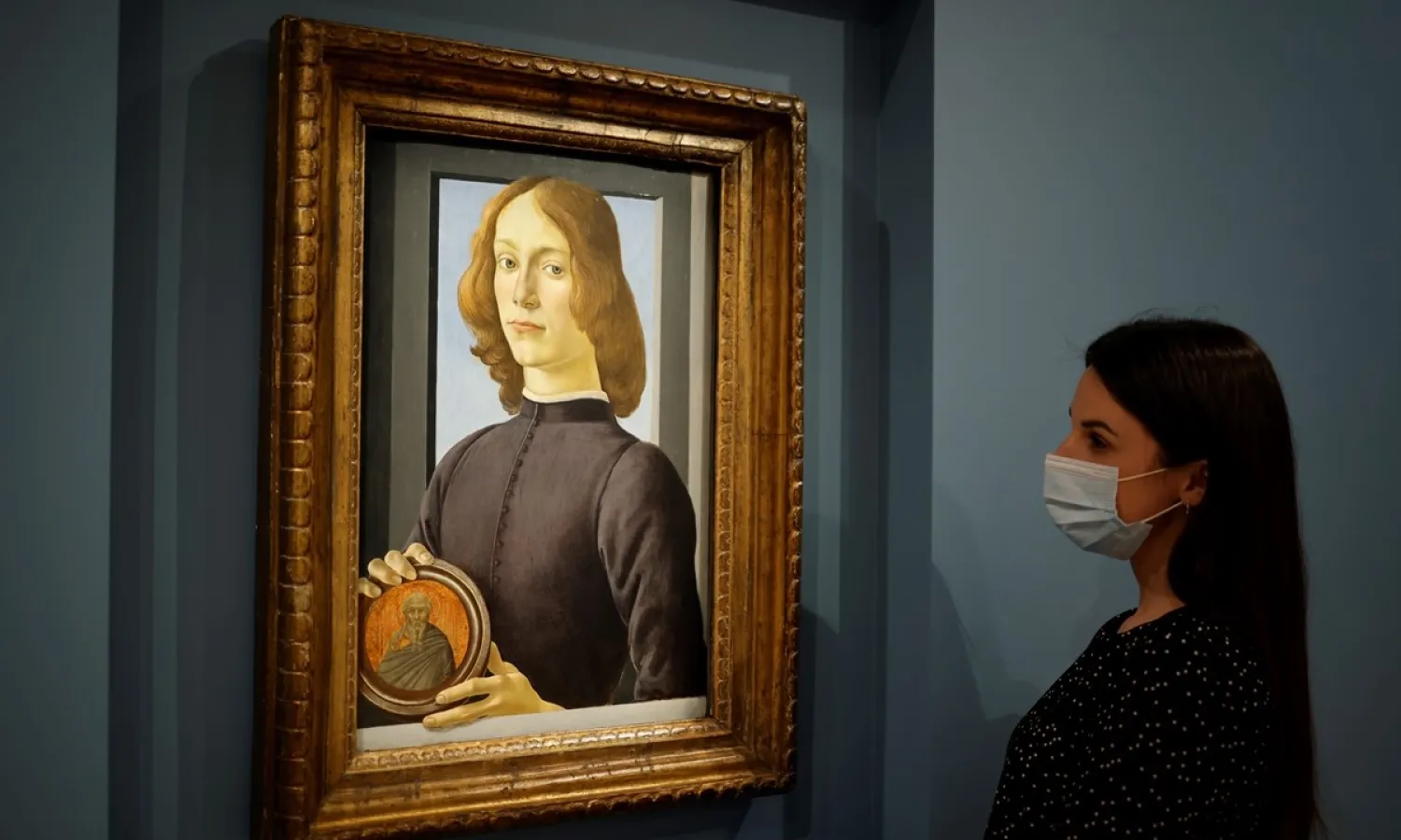 The artwork Young Man Holding a Roundel by Italian Renaissance painter Sandro Botticelli in London on December 2, 2020 Photo: AFP