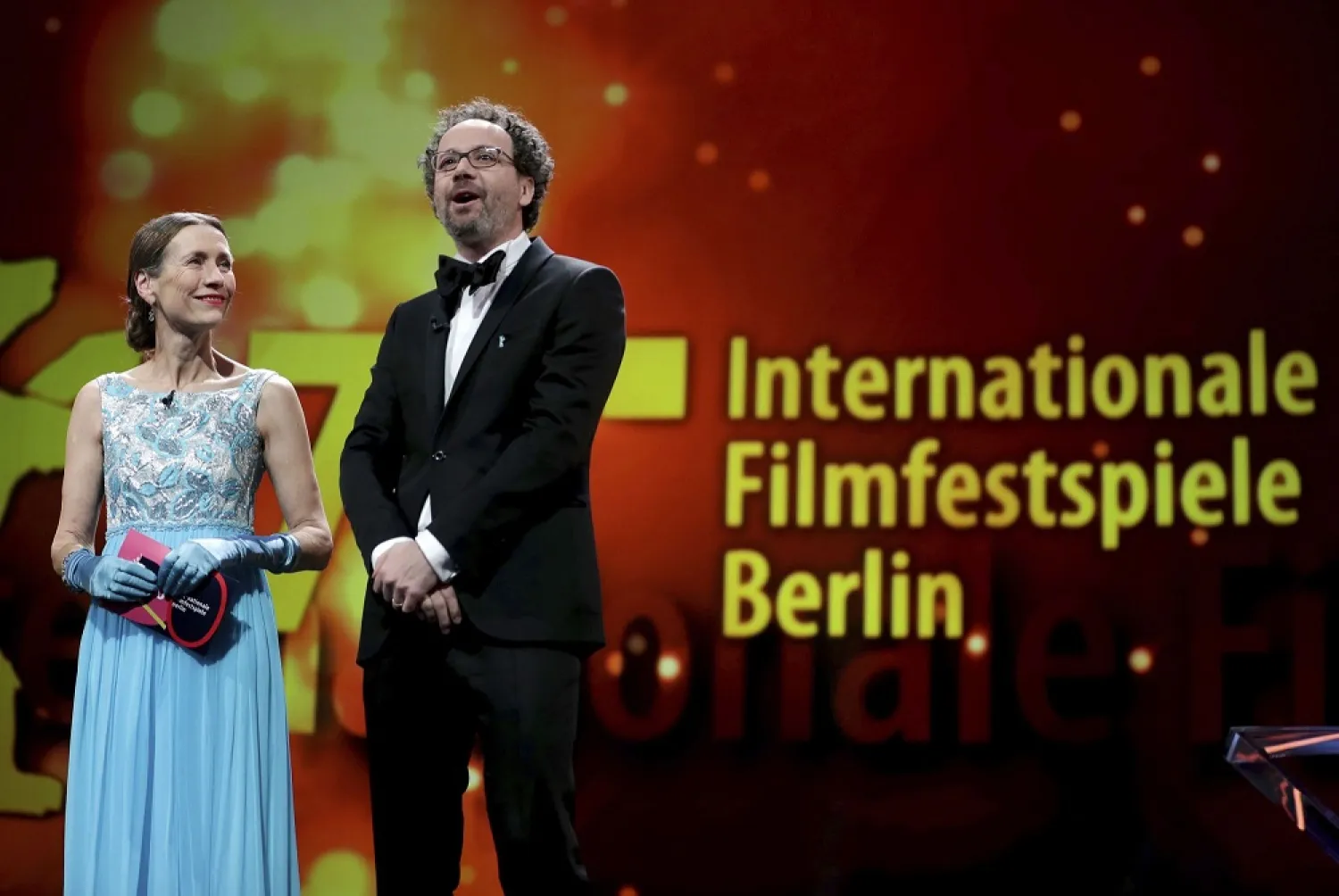 In this Saturday, Feb. 29, 2020 file photo, Berlinale heads Mariette Rissenbeek, left, and Carlo Chatrian, right, attend the award ceremony of the 2020 Berlinale Film Festival in Berlin, Germany. (AP)