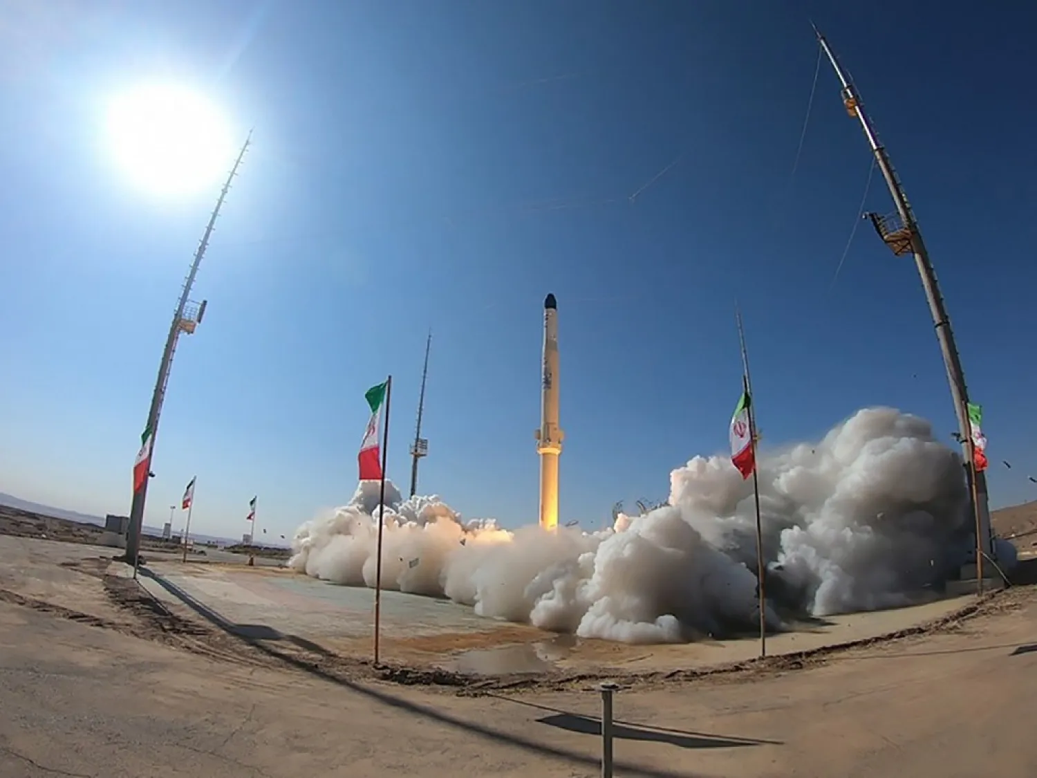This picture released by the official website of the Iranian Defense Ministry on Monday, Feb. 1, 2021, shows the launch of Iran's newest satellite-carrier rocket at an undisclosed location, in Iran. (AP)