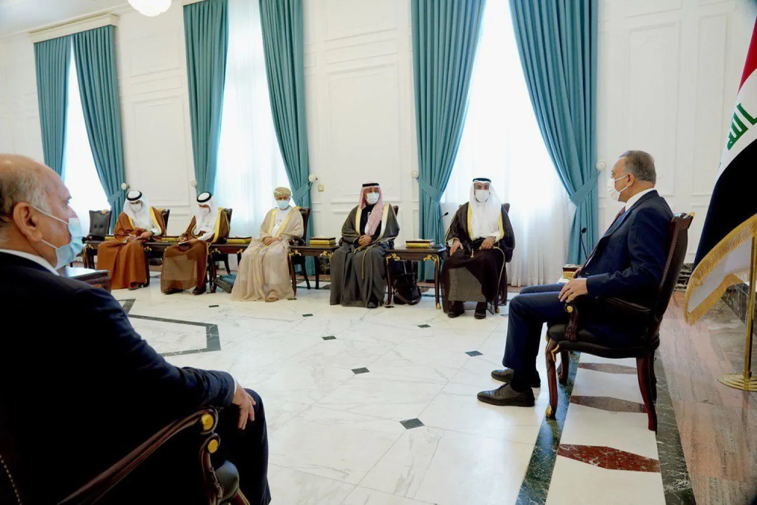 Iraqi PM Kadhimi receives the GCC chief in Baghdad. (Iraq PM's office via Twitter)