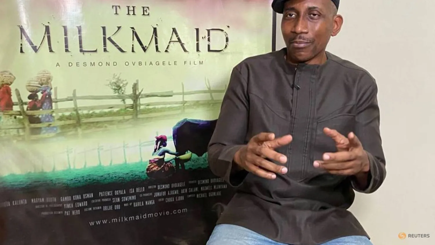 Desmond Ovbiagele, Director of "The Milkmaid", is pictured through a ringlight during an interview with Reuters in Lagos, Nigeria February 3, 2021. Picture taken February 3, 2021 REUTERS/Seun Sanni