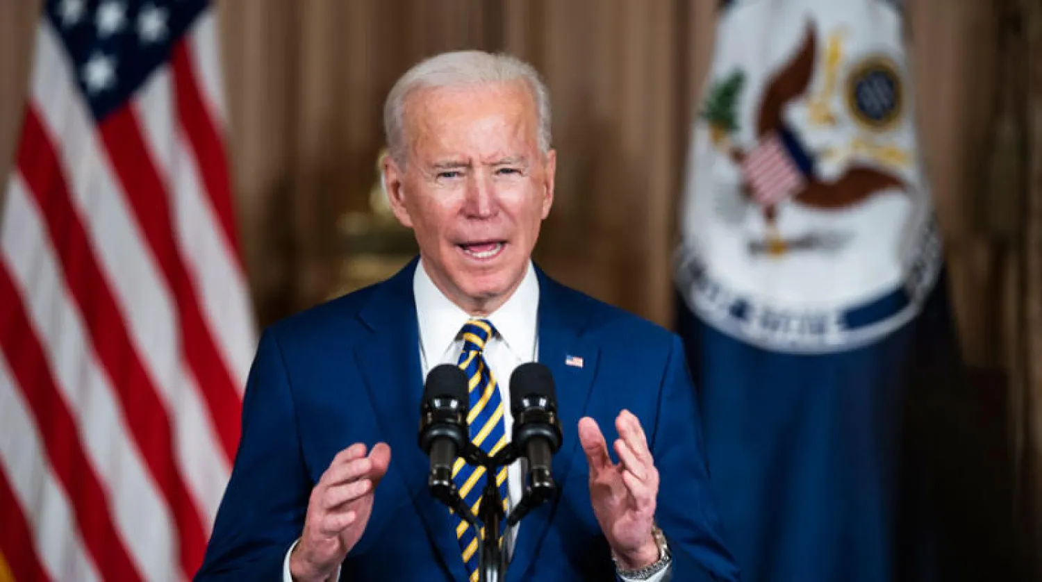 بايدن لم يذكر إسرائيل بكلمة عندما شرح سياسته الخارجية في مقر الخارجية الأميركية بواشنطن يوم الخميس (إ.ب.أ)