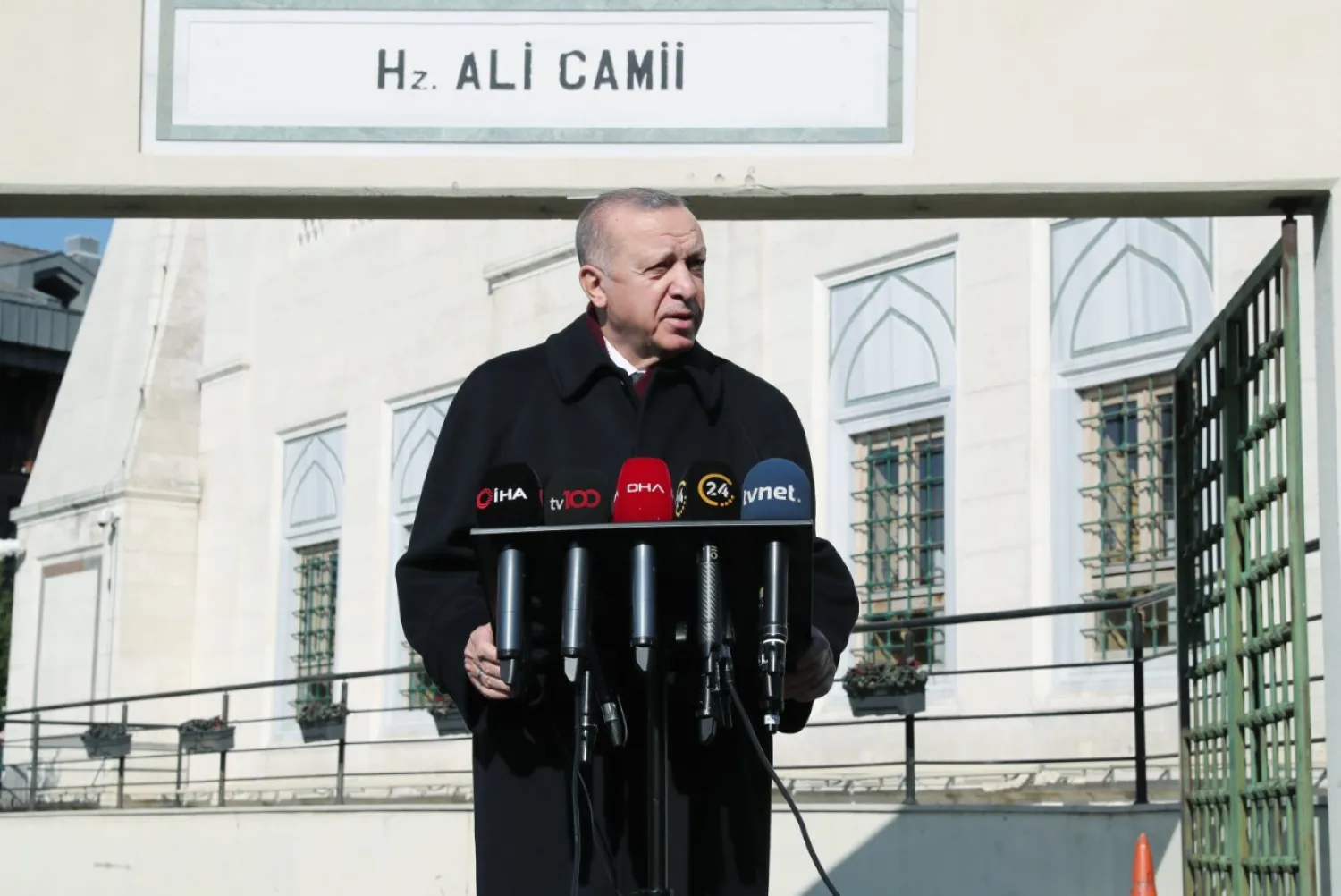 President Recep Tayyip Erdogan speaks to reporters after Friday prayers in Istanbul, Turkey, Feb. 5, 2021. (AA Photo)