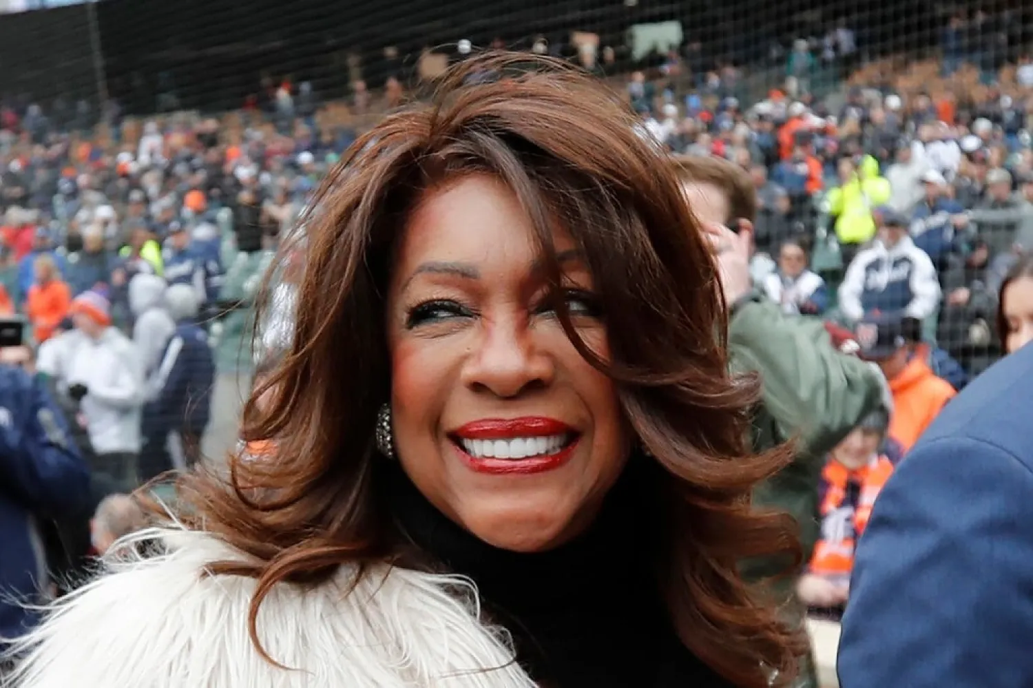 In this April 4, 2019, file photo, Mary Wilson, is escorted after singing the national anthem before a baseball game between the Detroit Tigers and the Kansas City Royals in Detroit. (AP)