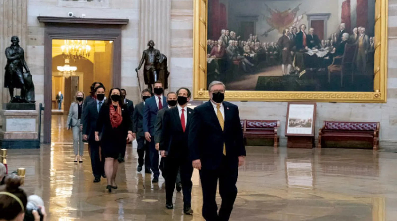 فريق الادعاء يتجه إلى مجلس الشيوخ الثلاثاء الماضي (أ.ب)