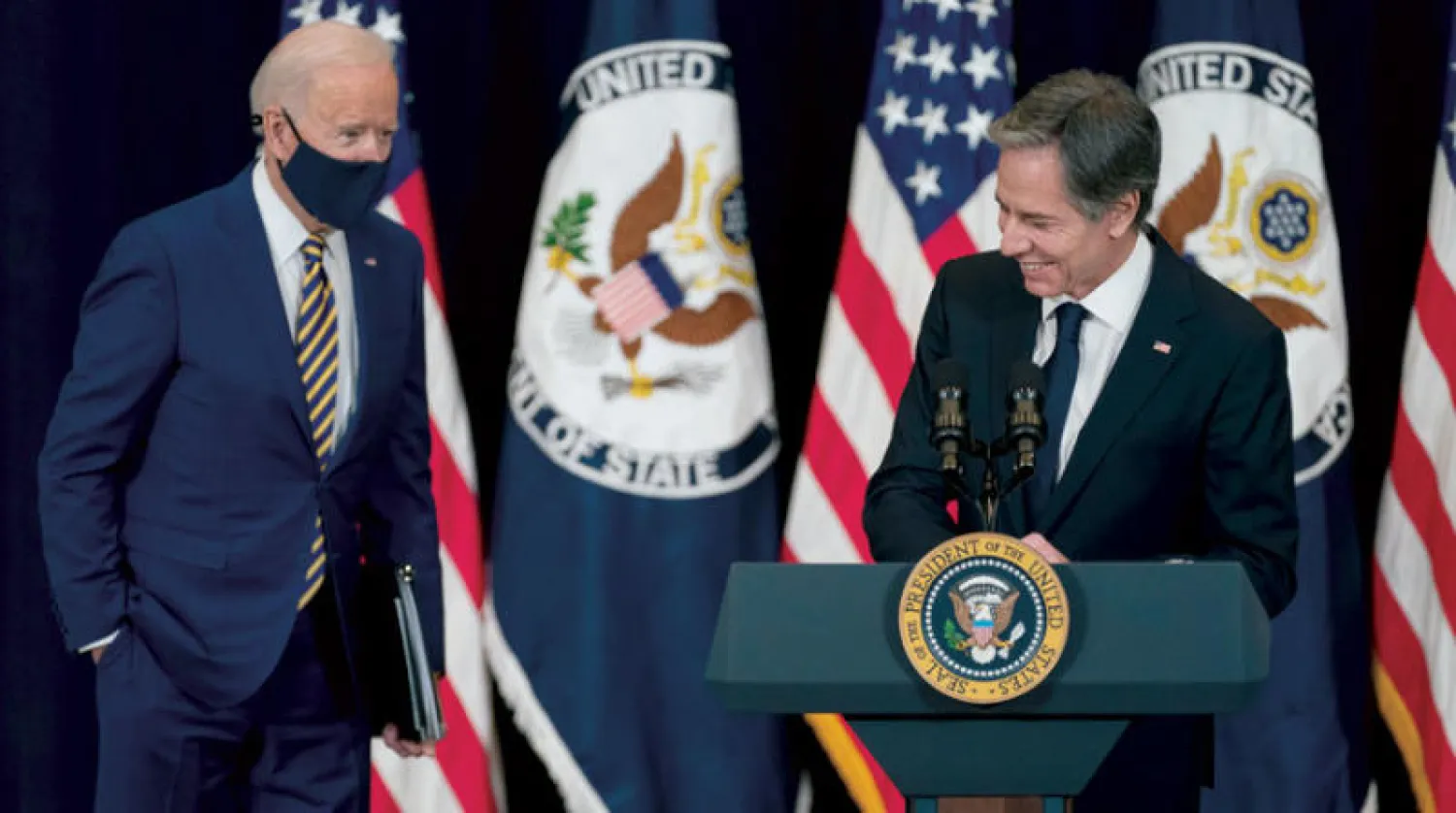 بلينكن يرحب ببايدن في مقر وزارة الخارجية في 4 فبراير (أ.ب)