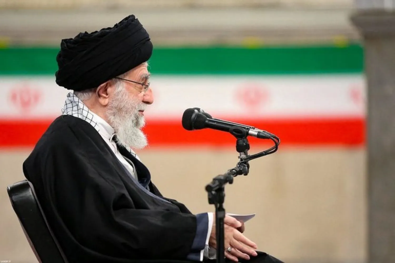 Handout picture provided by the office of Iran's Supreme Leader Ayatollah Ali Khamenei on February 7, 2021, shows him delivering a speech. (File/AFP)
