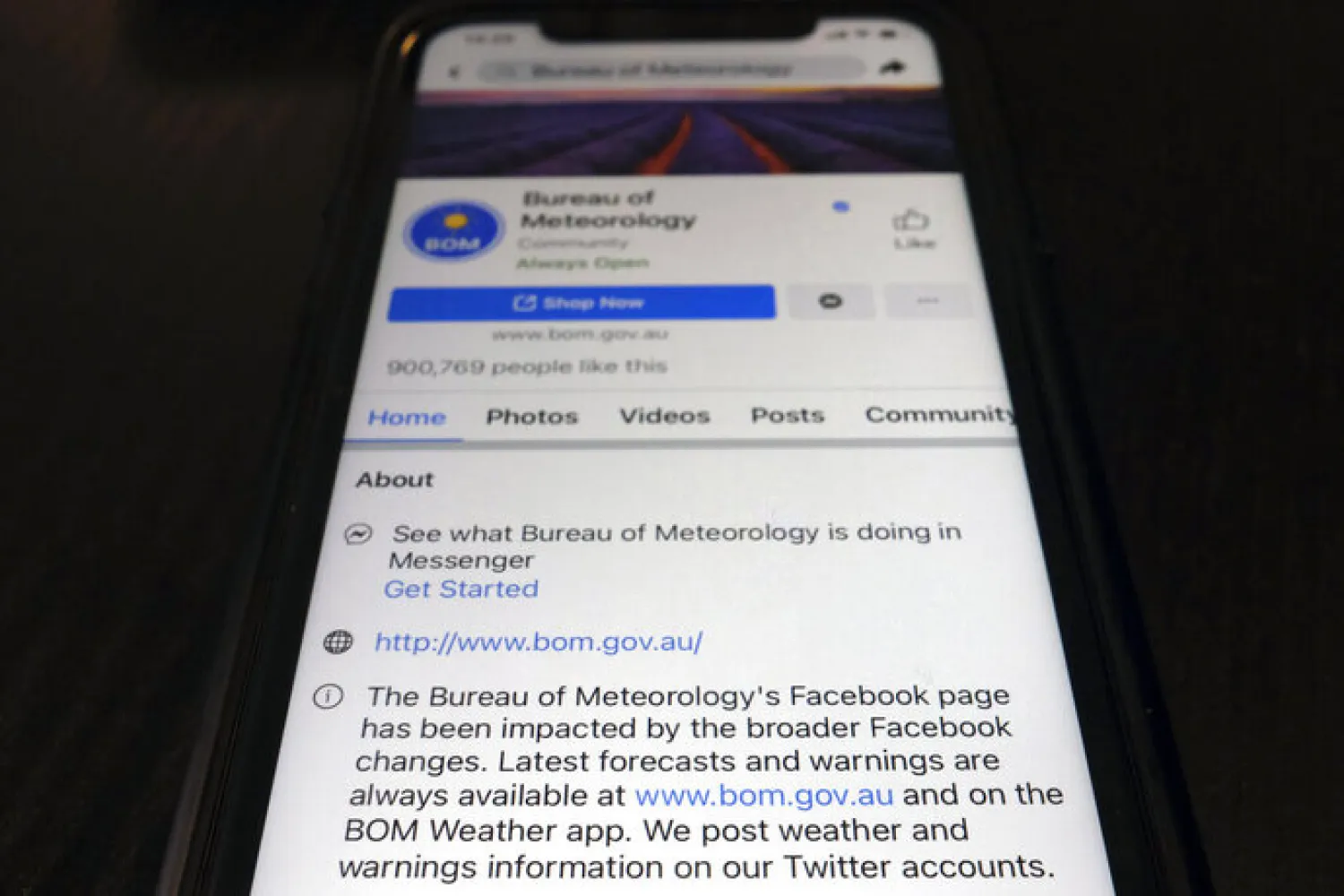 A disclaimer is shown on the bottom of Australia's Bureau of Meteorology page on the Facebook app Thursday, Feb. 18, 2021, in Tokyo. (AP Photo/Kiichiro Sato)

