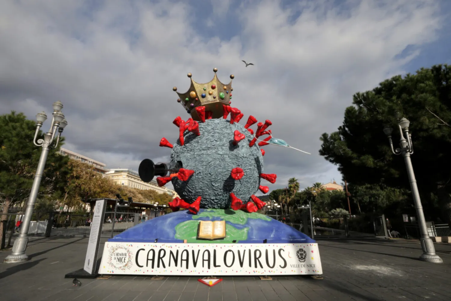 A Carnival float depicting the novel coronavirus is seen in Nice amid the coronavirus disease (COVID-19) outbreak in France, February 16, 2021. (Reuters)