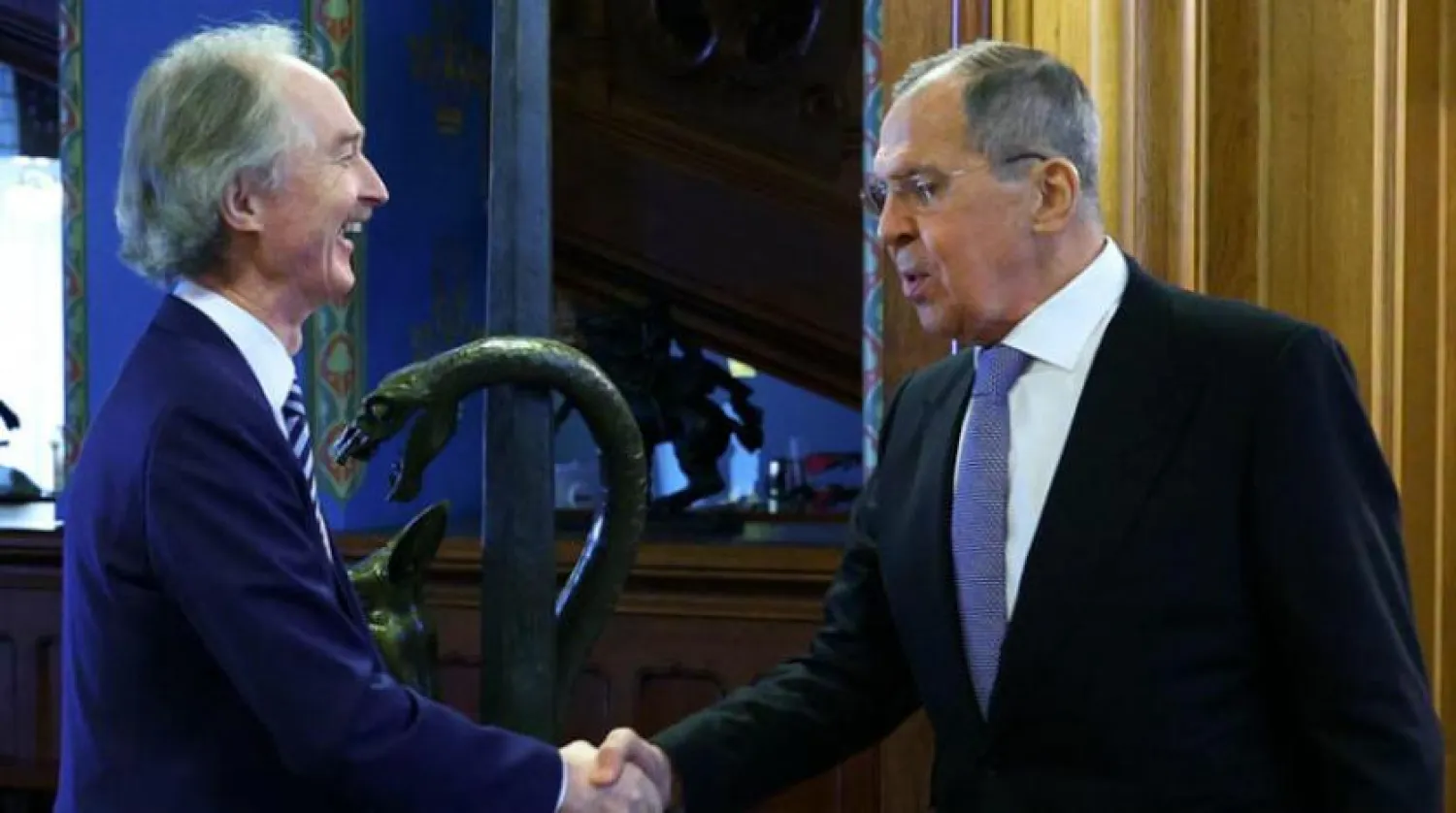 Russian Foreign Minister Sergei Lavrov and UN Special Envoy for Syria Geir Pedersen meet in Moscow. (AP)