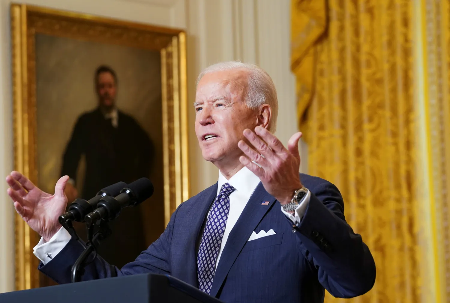 US President Joe Biden delivers remarks as he takes part in a Munich Security Conference virtual event from the East Room at the White House in Washington, US, February 19, 2021. REUTERS/Kevin Lamarque