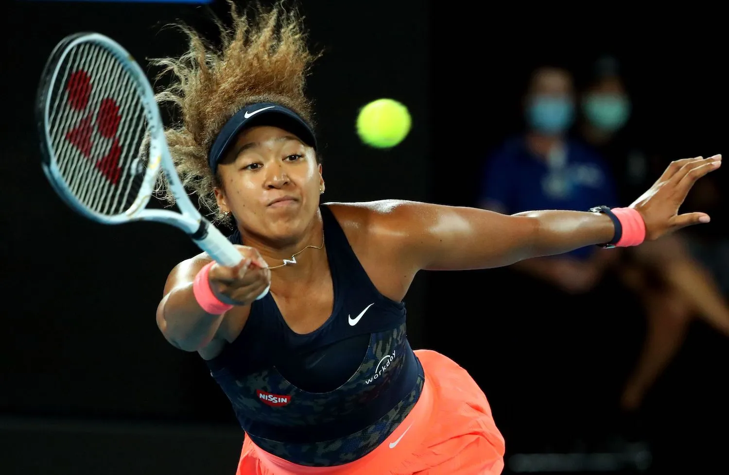 Naomi Osaka plays a point against Jennifer Brady in the women’s singles final of the Australian Open on Saturday in Melbourne. Reuters 