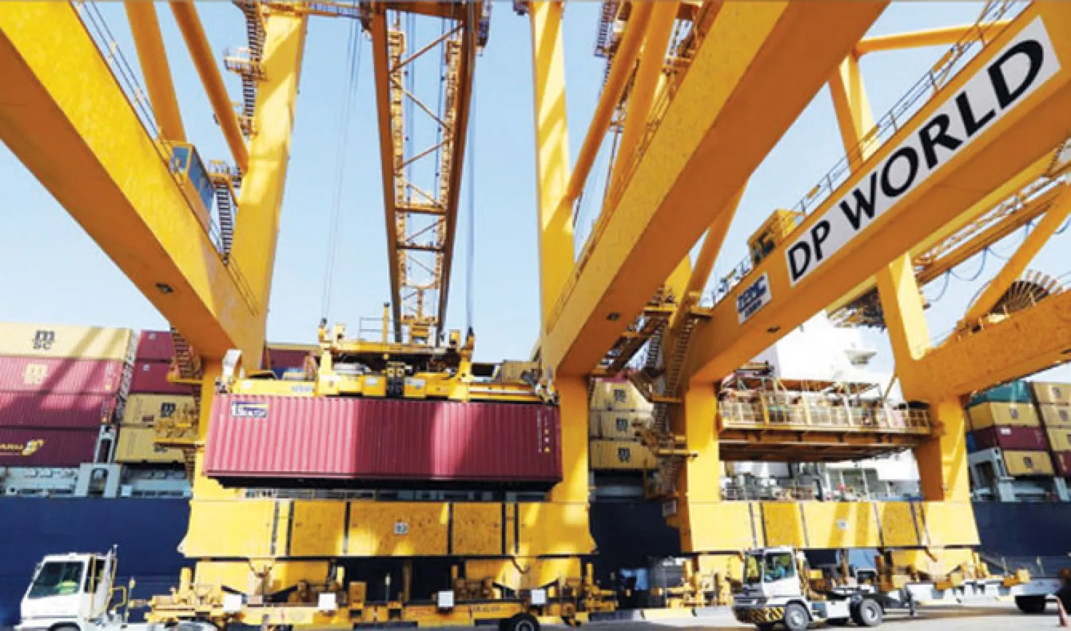 Terminal tractors line up as they are loaded with containers from a cargo ship at DP World’s fully automated Terminal 2 at Jebel Ali Port in Dubai. (File/Reuters)
