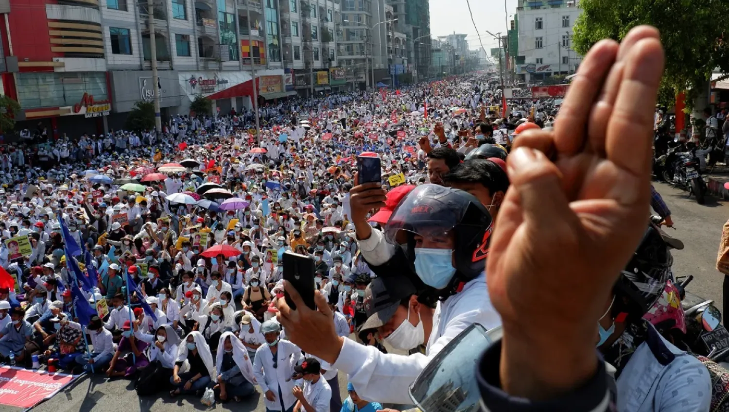 Demonstrators protest against the military coup in Mandalay, Myanmar, Feb 22, 2021. Reuters