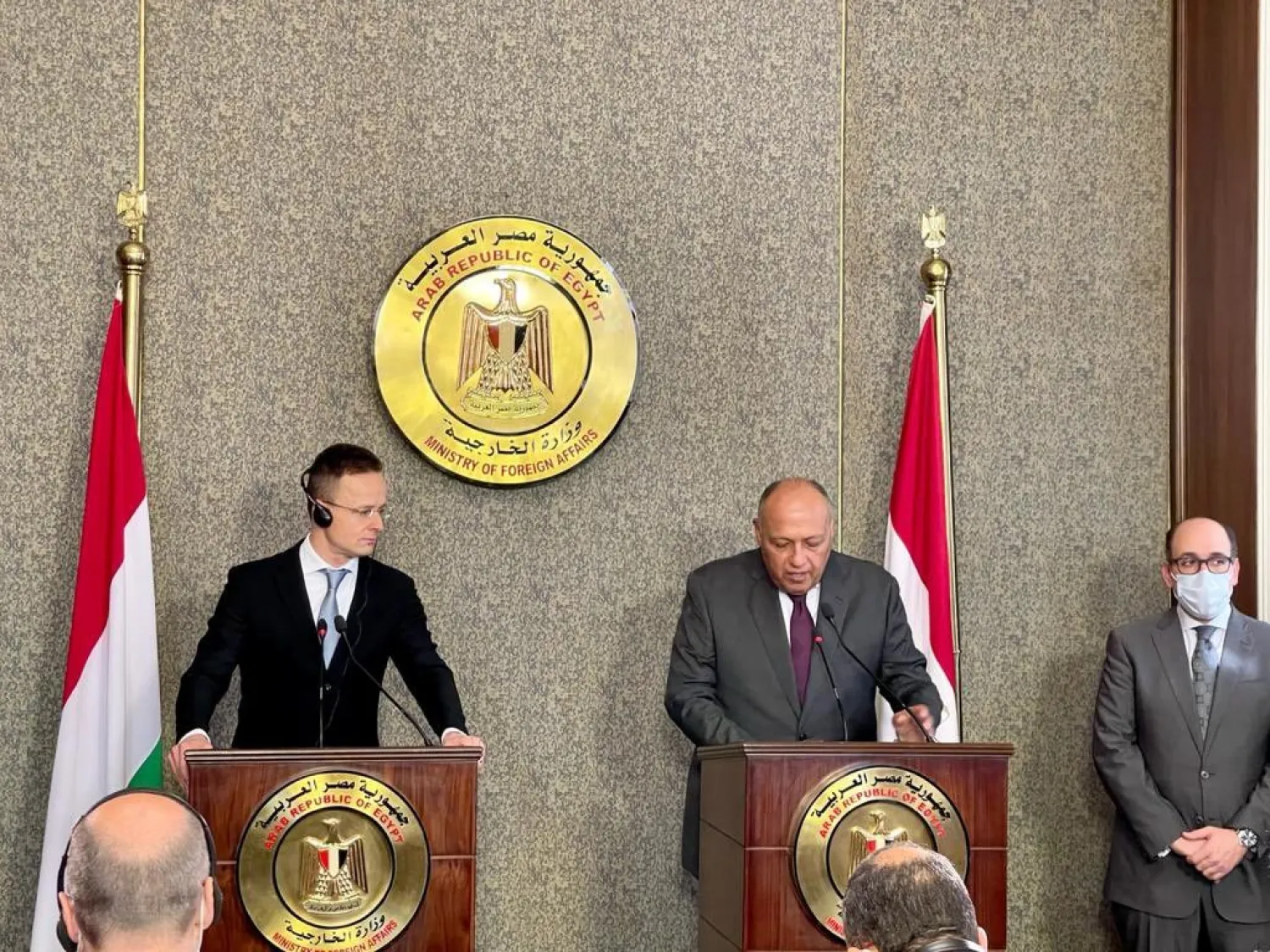 Egyptian FM Shoukry holds a press conference with his Hungarian counterpart. (Egyptian Foreign Ministry)
