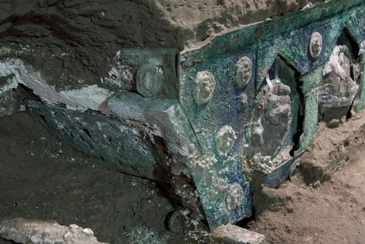 An ancient-Roman ceremonial carriage is discovered in a dig near the ancient Roman city of Pompeii, destroyed in 79 AD in volcanic eruption, Italy, February, 2021. Pompeii Archeological Park/Ministry of Cultural Heritage and Activities and Tourism/Luigi Spina/Handout via REUTERS