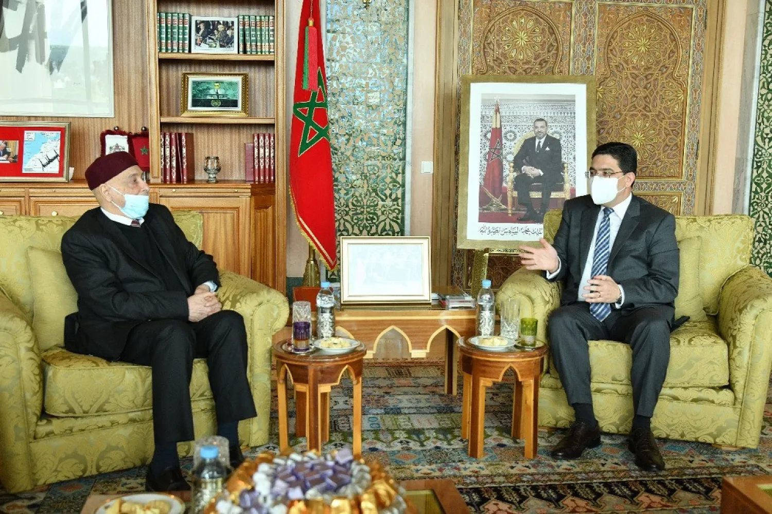 Morocco's FM Bourita meets with Libyan parliament Speaker Aguila Saleh in Rabat. (Moroccan Foreign Ministry)