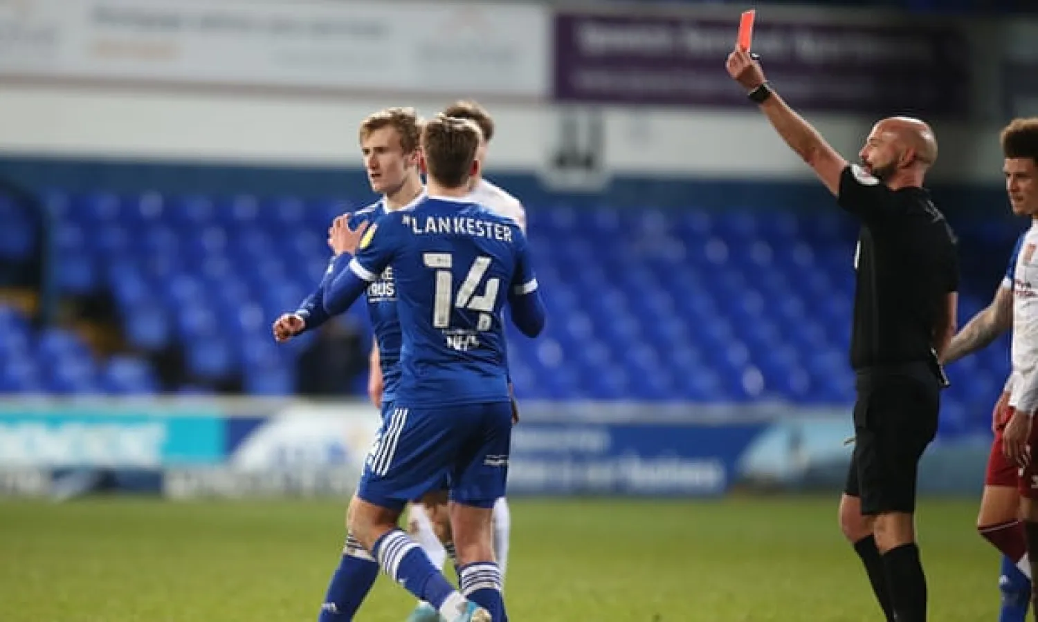 Darren Drysdale sends off Flynn Downes of Ipswich during Tuesday’s eventful game - for the referee at least - against Northampton at Portman Road on Tuesday. Photograph: Pete Norton/Getty Images