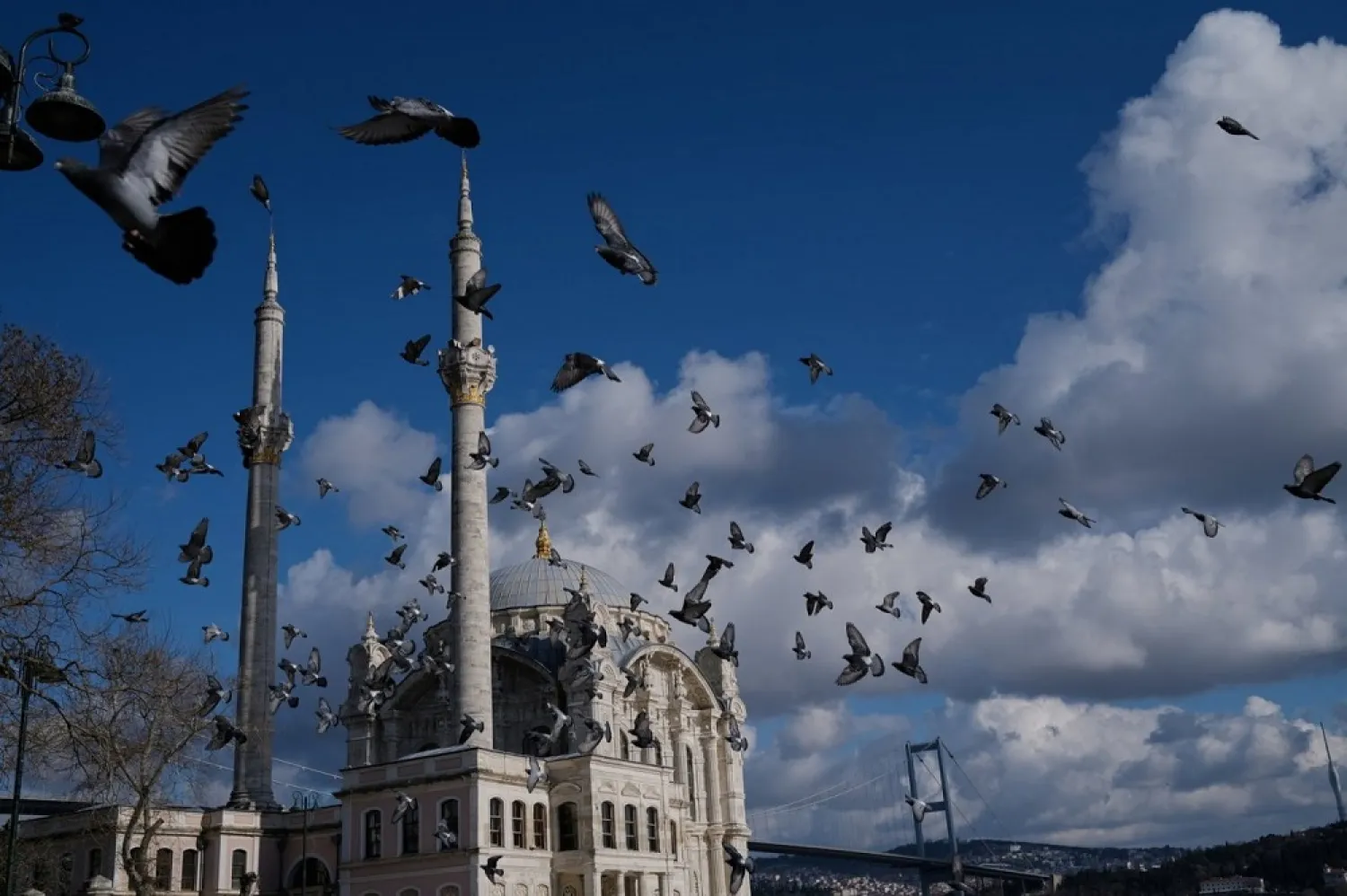 Pigeons fly over the Ortakoy square during a nation-wide weekend curfew which was imposed to prevent the spread of the coronavirus in Istanbul, Turkey February 28, 2021. (Reuters)