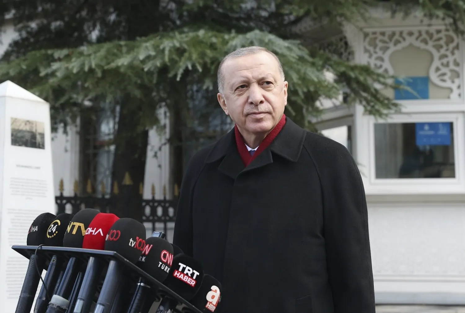 Turkey’s President Recep Tayyip Erdogan speaks to the media after Friday prayers in Istanbul on Jan. 15, 2021. (AP)