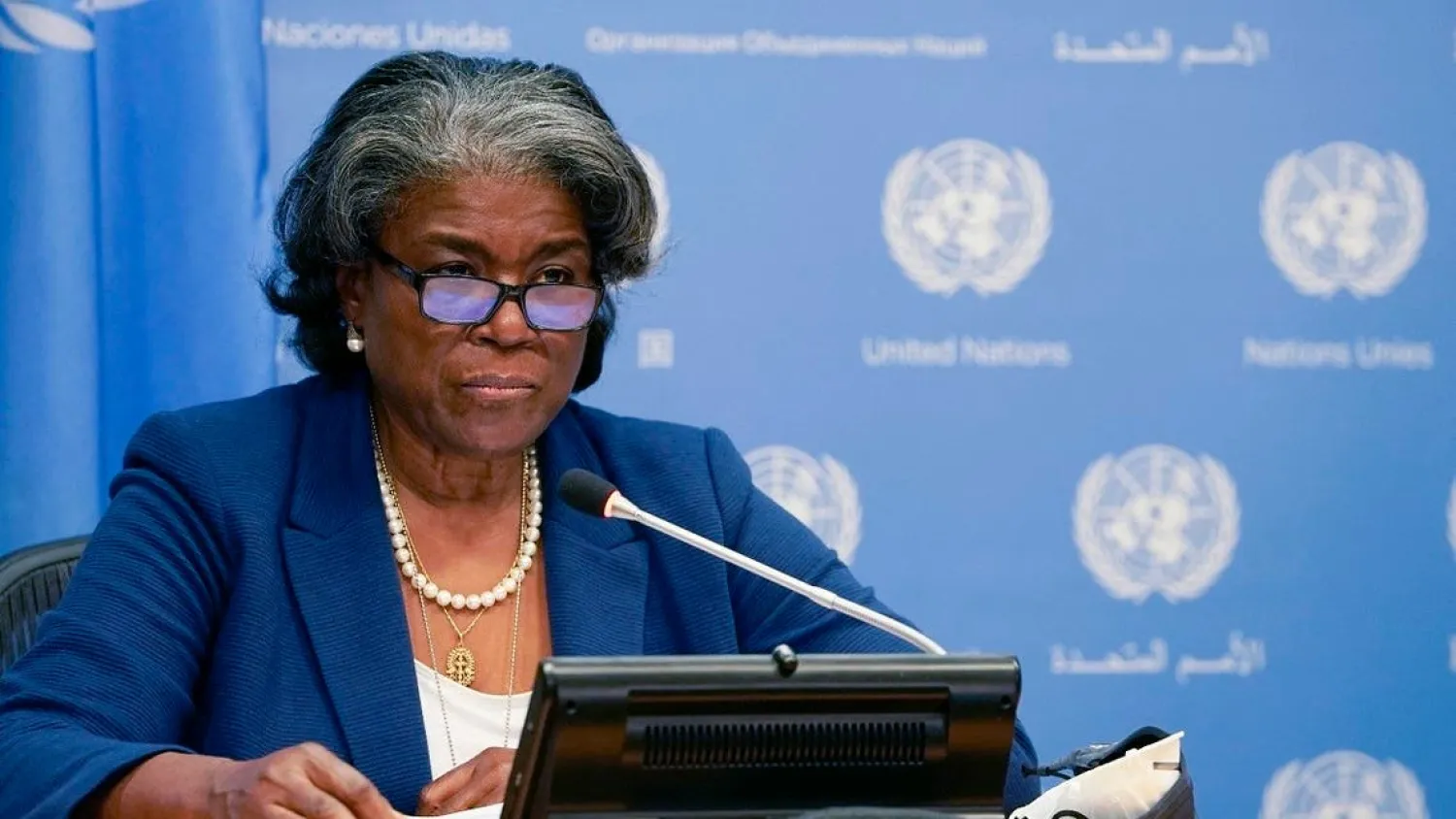 US ambassador to the UN, Linda Thomas-Greenfield, and President of the Security Council speaks during a press conference, in New York March 1, 2021. (AFP)

