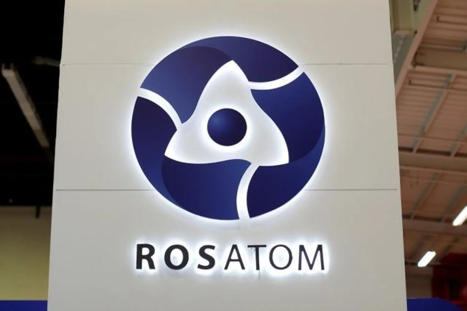 The logo of Russian state nuclear company Rosatom is pictured at the World Nuclear Exhibition 2014, the trade fair event for the global nuclear energy sector, in Le Bourget, near Paris, France, October 14, 2014. REUTERS/Benoit Tessier/File Photo