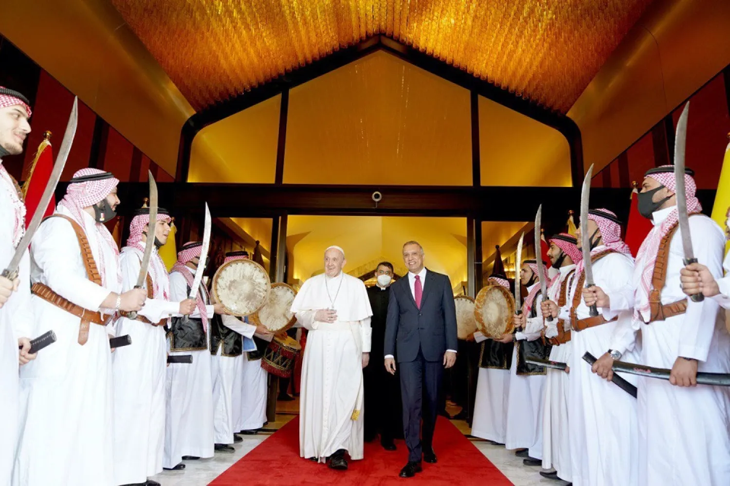 Iraqi PM Kadhimi receives Pope Francis in Baghdad on Friday. (AFP)