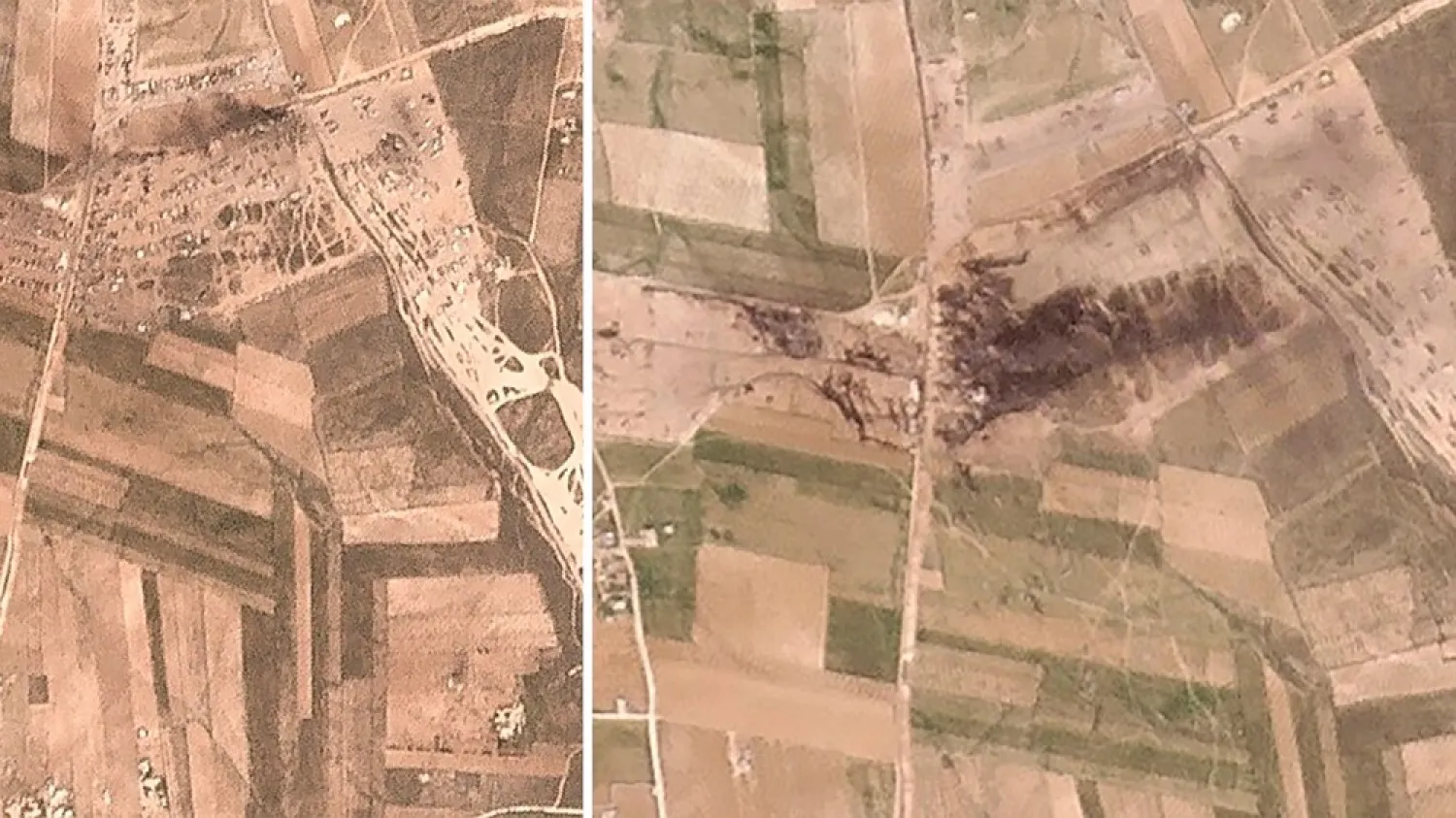 In this combination made from two satellite images from Planet Labs Inc. shows the before and after, left, March 3, 2021, right, March 6, 2021, of the aftermath of a suspected Russian missile strike on March 6, 2021, on an oil-loading facility just northwest of the city of Manbij, Syria. (Planet Labs Inc. via AP)