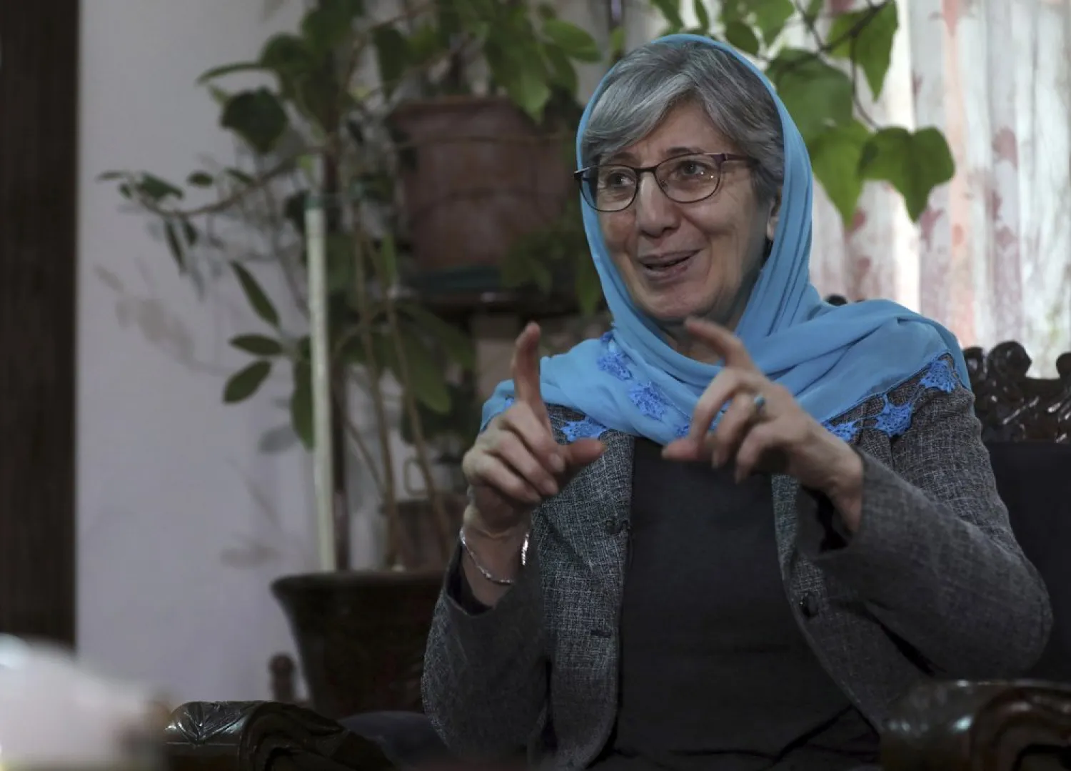 Sima Samar, a prominent activist and physician, who has been fighting for women’s rights in Afghanistan for the past 40 years, gives an interview to The Associated Press, at her house in Kabul, Afghanistan, Saturday, March 6, 2021.(AP Photo/Rahmat Gul)
