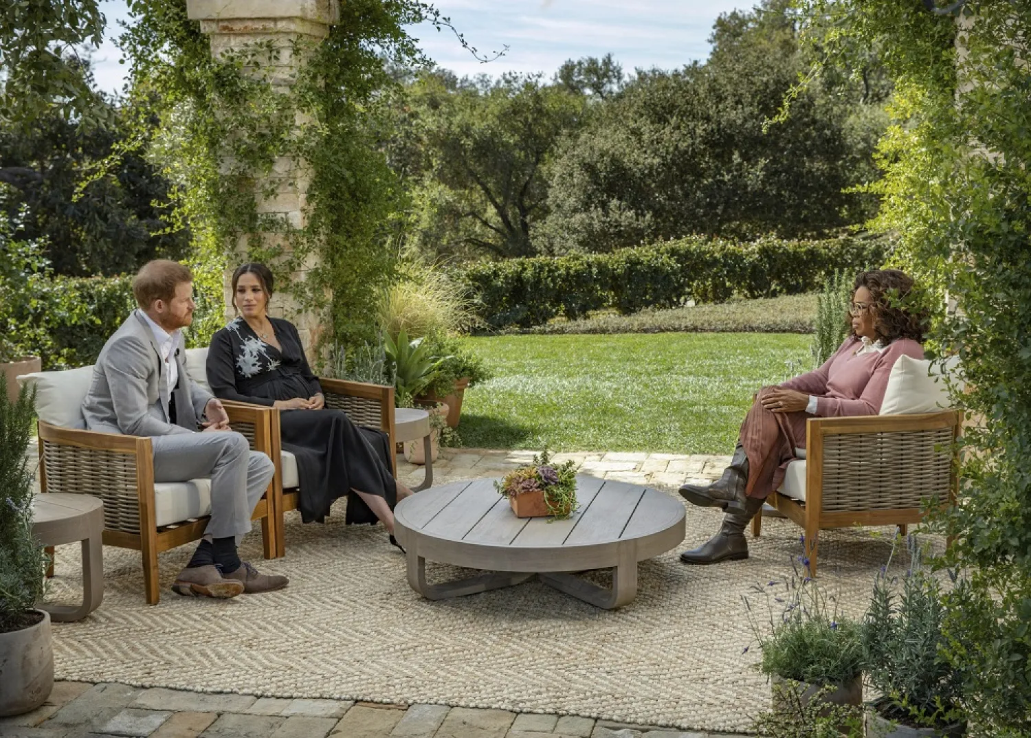 Britain's Prince Harry and Meghan, Duchess of Sussex, are interviewed by Oprah Winfrey in this undated handout photo. (Handout via Reuters)