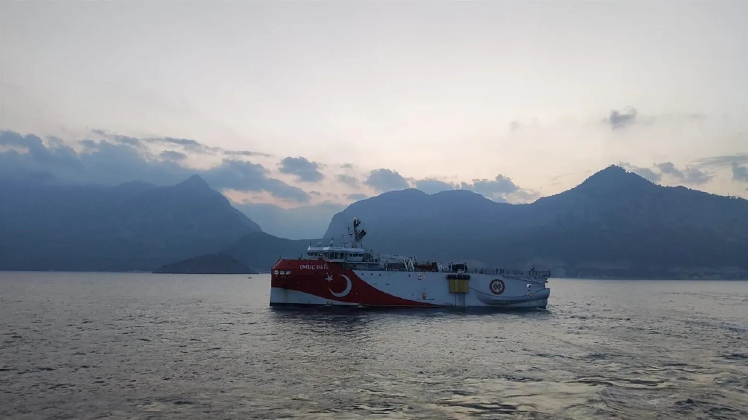 Turkish seismic research vessel Oruc Reis sails through the Mediterranean after leaving a port in Antalya. (Reuters)