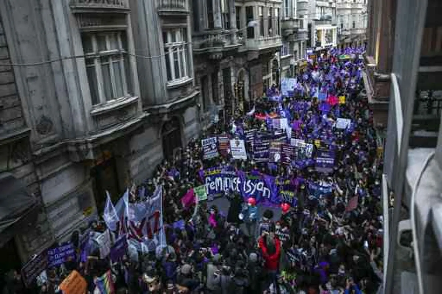 Protesters march to mark International Women's Day in Istanbul, Turkey, Monday, March 8, 2021. (AP Photo/Emrah Gurel)